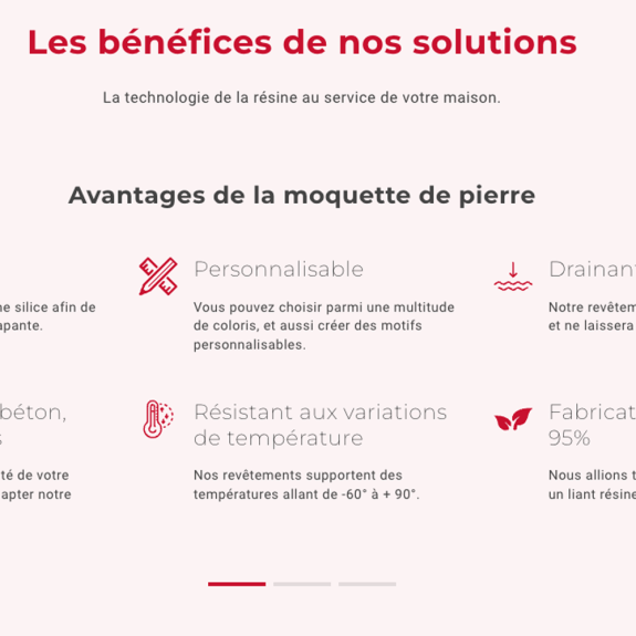 Refonte d'un site web sur mesure : Section des avantages des revêtements pour Résine Habitat