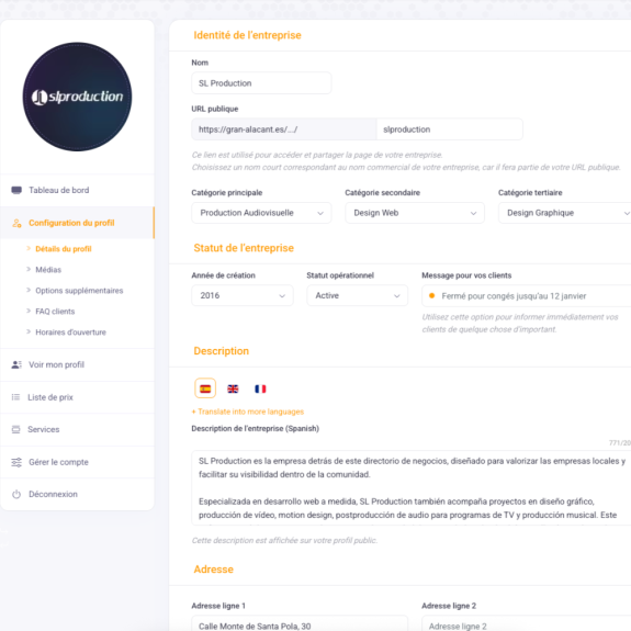 Annuaire entreprises - Edition du profil - Identité de l'entreprise