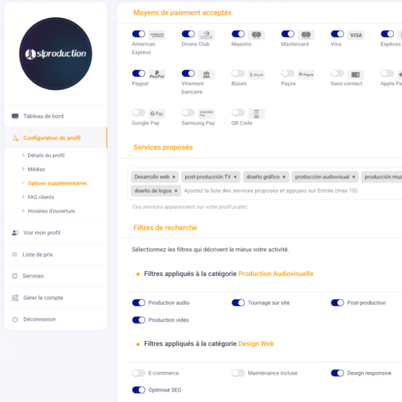 Annuaire entreprises - Edition du profil - Options additionnelles