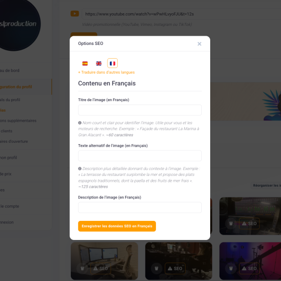 Annuaire entreprises - Edition du profil - Popup Seo Images