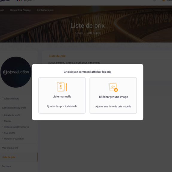Annuaire entreprises - Edition du profil - Liste de prix / Menu