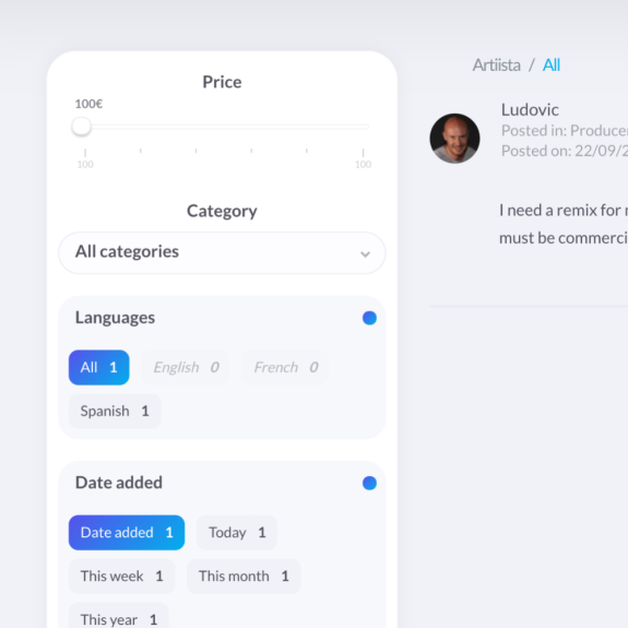 Développement web sur mesure : filtres de recherche pour marketplace musique et audio - Artiista, France